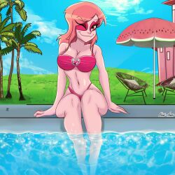 1girls 2d_(artwork) bikini breasts cartoon_network chan_kiui kiui-chan miss_heed_(villainous) one_eye_closed pink_hair pink_skin seductive smile solo_female swimsuit tagme villainous