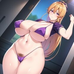 ai_generated bikini blush breasts curvy_figure hourglass_figure large_breasts long_hair micro_bikini mommy nakiri_erina purple_eyes shokugeki_no_souma stable_diffusion standing