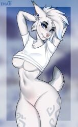 anthro armpits breasts curvaceous curvy_figure cute_expression felid feline female fluffy genitals gift hi_res lush lynx mammal piercing pinup pose pussy seductive soft solo thick_thighs voluptuous wide_hips zhadart