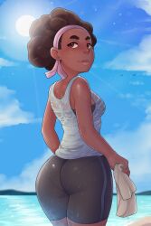 1girls ass black_female black_hair brown_eyes clothed clothing dark-skinned_female dark_skin female female_only kiki_pizza pantylines shorts solo spats steven_universe sun sweat wet_clothes yellowroom