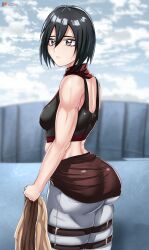 1girls asian asian_female attack_on_titan big_breasts black_hair boots breasts dildo dildo_in_ass female female_only hair_between_eyes hand_on_own_ass jacket mikasa_ackerman military_jacket military_uniform o22no open_mouth shingeki_no_kyojin solo