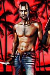 1boy almesiva_moonshadow chest_hair cigar cigarette dilf far_cry far_cry_3 feet_out_of_frame gun holding_gun holding_knife hoyt_volker island jeans knife male male_focus male_only necklace open_jeans outdoors palm_tree red_sky shirtless smoke smoking solo watch yellow_eyes