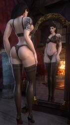 1girls 3d belly_piercing big_breasts big_butt black_hair blizzard_entertainment bra female_only green_eyes heels high_heels human human_(warcraft) human_(world_of_warcraft) lingerie long_hair mirror nipple_piercing original_character panties piercing revealing_underwear solo solo_female standing stockings tattoo thick_thighs thighhighs warlock warlock_(warcraft) world_of_warcraft zentaeron zentaria_blackwood