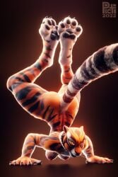 3d absurd_res bare black_stripes breasts dreamworks felid female fur hi_res kung_fu_panda mammal master_tigress muscular nude orange_body orange_fur pantherine picti pushups red_eyes small_breasts solo stripes tagme tiger training yellow_sclera