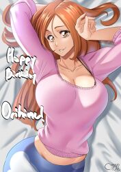 1girls 2022 arms_above_head arms_up bleach breasts busty castell cleavage clothed clothed_female female female_only fully_clothed huge_breasts inoue_orihime light-skinned_female light_skin long_hair lying_on_back mature_female milf mother orange_eyes orange_hair smile solo