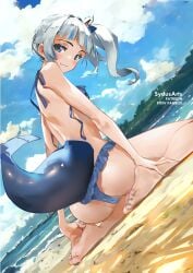 1girls artist_name ass back bangs barefoot beach bikini blue_eyes blue_hair blue_toenails blunt_bangs blush cameltoe cloud feet female female_only fish_tail frilled_bikini frills gawr_gura grey_hair hair_ornament hololive hololive_english hololive_myth legs long_hair looking_at_viewer multicolored_hair ocean painted_toenails png ponytail pussy pussy_peek seiza shark shark_girl shark_tail side_ponytail sitting smile soles solo streaked_hair swimsuit sydus tail teeth toes two_tone_hair untied untied_bikini virtual_youtuber white_hair