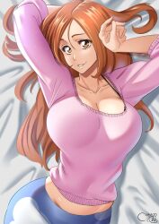 1girls 2022 arms_above_head arms_up big_breasts bleach breasts busty castell cleavage clothed clothed_female clothes clothing eyebrows eyelashes female female_only fully_clothed hips huge_breasts human human_only inoue_orihime large_breasts light-skinned_female light_skin long_hair lying_on_back mature_female milf mother orange_eyes orange_hair smile solo solo_female textless thick thick_thighs thighs wide_hips