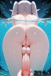 absurdres ai_generated anus ass ass_focus back balls bubble cleft_of_venus completely_nude crescent_moon drop_earrings earrings elf erection facing_away female frieren from_behind full-package_futa futanari grey_hair highres intersex jewelry large_penis long_hair moon night night_sky niraniri nude outdoors partially_submerged partially_underwater_shot penis pointy_ears pov pov_crotch pov_hands pussy sky solo solo_focus sousou_no_frieren star_(sky) starry_sky testicles twintails veins veiny_penis water wet white_hair