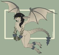 black_hair deadlock facial_piercing featureless_chest female flat_chested gargoyle genitals hair hi_res horn humanoid ivy_(deadlock) long_ears nose_piercing nude piercing pussy septum_piercing simple_background smile solo soupbag tail teeth valve vulva wings