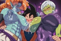 1boy 2girls abs absurd_res ai_assisted ai_generated black_hair blue_skin blush breast breast_milk breast_milk_squirt breast_sucking breasts cheelai closed_eyes crispiiart double_breast_sucking dragon_ball dragon_ball_super dragon_ball_z eyes grabbing_another's_hips green_skin half-closed hand_on_another's_head heart high_resolution highres hip_grab huge_breasts lactation large_breasts latex male/female midriff moaning multiple_girls muscular_female naughty_face orange_hair saliva shiny_skin skin_tight skindentation son_goku sweaty threesome toned tremble_lines trembling upscaled white_hair zangya