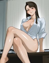 1girls ai_generated bare_legs barefoot bottomless breasts cleavage close-up crossed_legs female gyakuten_saiban legs mia_fey no_bra no_panties nude_underneath sexually_suggestive shiny_skin shirt_only sitting_on_desk smile smiling smug smug_face solo solo_female suggestive suggestive_look suggestive_pose