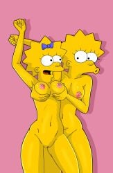 2girls aged_up breast_lift breasts collarbone completely_nude erect_nipples evilweazel female grabbing_breasts grabbing_from_behind incest lisa_simpson looking_at_another maggie_simpson navel nipples nude pink_background pussy shaded shadow sisters the_simpsons vagina