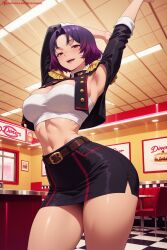kiraamane ai_generated patreon seductive sexy uncensored watermark hi_res high_quality high_resolution checkered checkered_floor 1girl purple_hair skirt tiles tile_floor miniskirt breasts jacket solo black_skirt navel checkered_background armpits red_eyes looking_at_viewer smile open_mouth large_breasts race_queen belt pencil_skirt midriff cropped_jacket