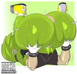 2025 absurd_res afrosoricid anthro artist_name ass big_butt blue_eyes bodily_fluids clothing cross_samax ear_piercing ear_ring eyelashes female female_anthro footwear genitals geometric_background gloves green_hair hair hand_on_butt hand_on_own_butt handwear hi_res huge_butt idw_publishing mammal mocha_draws piercing pussy ring_piercing sega simple_background solo sonic_(series) sonic_the_hedgehog_(comics) sonic_the_hedgehog_(idw) sonic_the_hedgehog_(series) surge_the_tenrec sweat sweaty_butt tenrec text thick_thighs vulva wide_hips