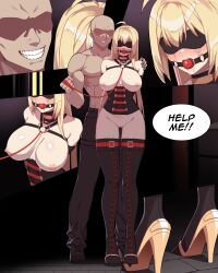 absurdres ball_gag belt_boots blindfold blonde_hair boots bound breasts chest_harness collar corset gag harness high_heels highres hyperbudd kyro_sora large_breasts leash original restrained thigh_boots tied_up_(nonsexual)