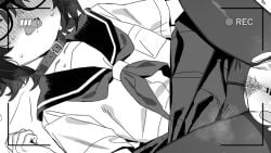 1boy barbarian_tk battery_indicator belt_collar blush clothes_lift collar commentary_request crotch_seam female female_pubic_hair glasses greyscale male miniskirt monochrome nose_blush open_mouth original pantyhose pubic_hair recording sailor_collar sailor_shirt school_uniform serafuku shirt short_hair short_sleeves skirt skirt_lift solo_focus spread_legs straight torn_clothes torn_pantyhose viewfinder