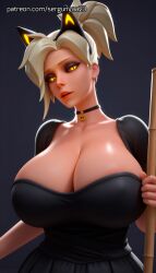 1girls 3d ai_generated blonde_hair blue_eyes breasts curvy dress huge_breasts mercy overwatch overwatch_2 sergunyaa23
