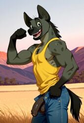 ai_generated anthro anthro_male balls banzai_(the_lion_king) biceps big_balls big_penis black_eyes blush flaccid_penis flexing_arms foreskin furry gay hyena looking_at_viewer male male_only muscular muscular_male nipples nude_male pecs penis safari smile tank_top toned_body toned_male twall97 unbuttoned_pants uncircumcised uncut