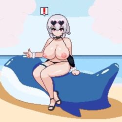 ! animated azur_lane bare_shoulders beach bikini black_bikini blush breasts cg choker cleavage closed_mouth cloud collarbone eyewear_on_head female grey_hair hair_between_eyes heart heart-shaped_eyewear huge_breasts large_breasts looking_at_viewer nipples official_alternate_costume outdoors pixel_(artwork) pixel_animation pixel_art red_eyes sandals scrunchie short_hair sirius_(azur_lane) sirius_(scorching-hot_seirios)_(azur_lane) sitting sky solo sunglasses swimsuit tagme thigh_strap v video white_hair white_scrunchie wrist_scrunchie
