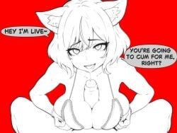1boy 1girls 2d big_breasts bikini_top boobjob bracelets breasts female heart-shaped_pupils kemonomimi kleinvoimond male monochrome open_mouth pov_taker precum red_background short_hair spit_trail text_bubble titjob uncircumcised voimond voimond_vhirra vtuber