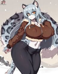 1girls ai_generated anthro barefoot big_tail bomber_jacket breast_pocket cameltoe cleavage cropped_jacket digitigrade female fluffy_tail fur_lined_clothing furry hair_between_eyes huge_breasts jacket leopard long_hair looking_at_viewer midriff nipple_bulge on_one_leg orange_eyes outdoors snow snow_leopard solo tail thick_thighs voluptuous white_hair wide_hips yoga_pants zorkpics