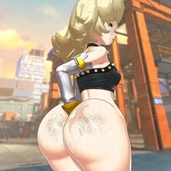 1girls big_ass blender blonde_hair construction_site digging_into_butt digging_up_in_they_ass freckles gloves green_eyes half-closed_eyes half-dressed heavenly_ass ishtarlewdz long_sleeves looking_back mihoyo outside piper_wheel sweat watermark zenless_zone_zero