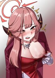 1girls absurdres aru_(blue_archive) aru_(dress)_(blue_archive) black_horns blue_archive blush breasts cleavage dress gloves gradient_background grey_background halo highres horns jacket jacket_on_shoulders jewelry large_breasts long_hair miltto necklace official_alternate_costume open_mouth pink_background pink_hair red_dress red_halo red_jacket solo wet wet_clothes wet_dress white_gloves yellow_eyes yellow_eyes_female