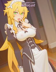 1futa 2025 ai_generated artist_name blurry blurry_background blush breasts bust chest depth_of_field frederica_baumann futanari green_eyes hair_between_eyes hi_res high_quality high_resolution highres intersex long_hair looking_at_viewer maid maid_apron maid_headdress novalust patreon patreon_username puffy_sleeves re:zero_kara_hajimeru_isekai_seikatsu solo stable_diffusion tongue tongue_out watermark