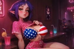 1girls 4th_of_july ai_generated american american_female american_flag_bikini bar blush breasts cleavage crop_top drinks elf elf_ears female green_eyes indoors large_breasts neon_lights original_character pink_outfit pointy_ears purple_hair seductive_pose shirt_lift short_hair shorts sitting suggestive united_states_of_america