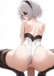 1boy animated anus ass back bare_shoulders black_blindfold black_footwear black_hairband black_thighhighs blindfold boots breasts cg clothing_aside covered_eyes female from_behind hairband henkawa high_heel_boots high_heels highleg highleg_leotard large_breasts leotard leotard_aside looking_back nier:_automata penis pussy sex short_hair simple_background solo_focus squatting straight thigh_boots thighhighs thighhighs_under_boots thighs uncensored vaginal_penetration veins veiny_penis white_background white_hair white_leotard yorha_2b