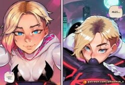 hetero 1boy male human_on_anthro symbol-shaped_pupils not_furry_focus blonde_hair breasts multicolored_hair duo eyebrow_piercing piercing 1girl asymmetrical_hair english_text pov hair clothing hooded_bodysuit text smile patreon_username bodysuit blue_eyes undercut superhero human_focus heart hood erection speech_bubble erection_under_clothes first_person_view <3_eyes female spider_web_print dialogue spider-man_(series) short_hair looking_at_viewer blush <3 marvel male/female comic bulge ai_generated amadeus_v spider-man spider-gwen gwen_stacy miguel_o'hara cheating netorare ntr