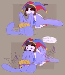 blush covering_face dialogue femdom hands_on_head hands_on_waist jax_(the_amazing_digital_circus) leg_lock legs_apart motion_lines no_background pomni_(the_amazing_digital_circus) submissive_male suopbread tearing_up the_amazing_digital_circus whining