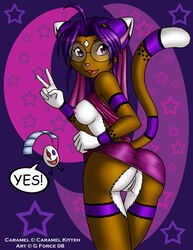 ass breasts brown caramel_kitteh_(character) evil_egg feline female furry gesture gforce glasses looking_at_viewer looking_over_shoulder miniskirt presenting purple_hair pussy raised_tail shirt_lift sideboob skirt_lift tail v white_fur