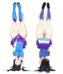 1girls black_hair blue_eyes cleavage clothing covering_self female freckles handstand hi_res jarckius long_hair panties skirt star_pupils striped_panties tagme upside-down yukihana_(jarckius)