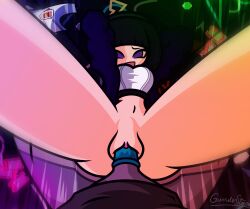 1girls arms_behind_head artist_name artist_signature black_hair bomberman female grey_body grey_shirt gunderstar jacket male male_pov motion_blur open_smile piledriver_position pov pov_male purple_eyes pussy self_upload simple_shading tagme tagme_(character) underwear vaginal_penetration