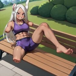 abs amputee arm_stump armless armless_amputee armless_female bench bunny grass hero heroine leg leg_stump mha mirko my_hero_academia purple_clothes purple_clothing red_eyes sitting stump stumps triple_amputee white_hair