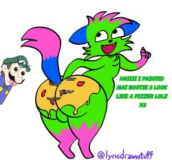 1boy :d anthro ass ass_bigger_than_head ass_focus balls ballsack blue_fur butt_digging chubby chubby_belly chubby_male digging_into_butt digging_up_in_they_ass dont_touch_my_pizza_guy eyes_emoji furry furry_male furry_only furry_tail green_fur kevin_(nyanwolf) large_ass lyricdrawsstuff male male_focus male_only meme meme_in_the_background meme_reference nyanwolf onomatopoeia paint painted painted_butt pink_fur pizza sdiybt self_upload side_eye simple_background sloppy sloppy_sounds source tail text thick_ass thick_thighs thighs tufted_fur twitter_username weegee white_background