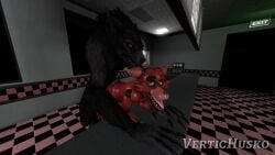 16:9 3d_(artwork) animatronic anthro bent_over_furniture bent_over_surface black_body black_fur canid canine canis claws countertop digital_media_(artwork) dominant dominant_male door duo ears_back ears_down exit_sign eye_patch eyewear five_nights_at_freddy's floor fountain_drink_dispenser fox foxy_(fnaf) from_behind_position fur gold_(metal) gold_tooth hand_on_hand hands_on_partner hook hook_hand hot_dogging light_source long_claws looking_back looking_pleasured machine male male/male mammal menu_board mishuyuu_(modeler) mythological_canine mythological_creature mythology open_mouth pivoted_ears purple_eyes red_body robot scottgames sex skyrim_werewolf source_filmmaker_(artwork) submissive submissive_male teeth_showing tile tile_ceiling tile_floor tongue tongue_out vent vertichusko watermark werecanid werecanine werecreature werewolf widescreen window wolf