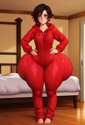 ai_generated barefoot bedroom big_ass black_hair front_view hands_on_hips huge_ass hyper hyper_ass indoors massive_ass onesie pajamas ruby_rose rwby silver_eyes small_breasts