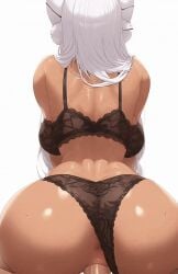 animal_ears animated anus ass back backboob bare_shoulders black_bra black_panties boku_no_hero_academia bra breasts cg clothing_aside dark-skinned_female dark_skin doggy_style facing_away female from_behind henkawa lace_panties large_breasts lingerie long_hair median_furrow my_hero_academia panties panties_aside rabbit_ears rabbit_girl rumi_usagiyama shiny_skin simple_background solo sweat thong toned underwear underwear_only white_background white_hair