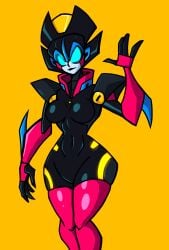 blue_eyes breasts glowing_eyes medium_breasts no_nipples redartist robot robot_girl robot_humanoid thighhighs thighs transformers wide_hips windblade yellow_background
