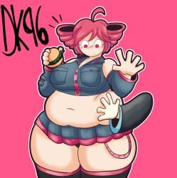belly belly_grab big_belly big_breasts big_thighs blush breasts burger chubby chubby_belly chubby_female daisykitty96 fatass_teto female female_only grabbing hatsune_miku holding_burger kasane_teto short_skirt skirt thighs vocaloid