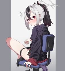 black_hair black_hoodie black_horns black_panties black_socks blue_archive blush caught chair clothes_lift demon_girl demon_horns earclip female female_masturbation grey_halo halo highres hood hoodie horns kayoko_(blue_archive) long_sleeves looking_at_viewer masturbation menbou_(menbow3v) multicolored_hair on_chair panties panty_pull ponytail pussy pussy_juice red_eyes red_skirt skirt skirt_lift socks two-tone_hair underwear white_hair