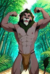 ai_generated anthro anthro_male balls biceps blush bulge flexing_arms furry gay green_eyes lion loincloth looking_at_viewer male male_only muscular muscular_male nipples nude_male open_mouth pecs safari scar_(the_lion_king) smile the_lion_king toned_body toned_male twall97