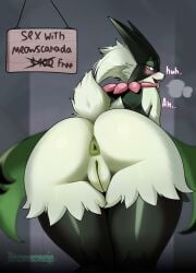 anthro anus ass big_butt blush bodily_fluids felid feline female fur generation_9_pokemon genitals green_anus green_body green_fur hardenonn hi_res looking_at_viewer looking_back looking_back_at_viewer mammal mask meowscarada nintendo open_mouth pokemon pokemon_(species) presenting presenting_hindquarters pussy red_eyes saliva saliva_string short_tail sign solo tail thick_thighs tongue tongue_out vulva wide_hips y_anus