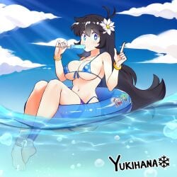 1girls bikini black_hair blue_eyes cleavage female flower_in_hair freckles hi_res ice_cream_on_breasts jarckius long_hair ocean pool_tube popsicle popsicle_in_mouth popsicle_melting skimpy_bikini star_pupils tagme yukihana_(jarckius)