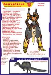 big_legs character_profile character_sheet clothed clothed_female egyptian_female female female_only oc original_character spinosaurid spinosaurus strong_female thick_thighs transformers