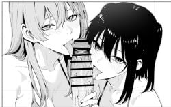 1boy 2girls bar_censor bikini blush censored character_request check_character check_copyright cooperative_fellatio copyright_request cropped erection fellatio female ffm_threesome greyscale group_sex hair_between_eyes highres licking licking_penis long_hair looking_at_viewer male medium_hair monochrome multiple_girls open_mouth oral original penis portrait pov sidelocks simple_background smile straight straight_hair swimsuit takaman_(gaffe) teamwork_(sexual) threesome tongue tongue_out veins veiny_penis white_background