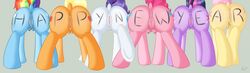 2012 6girls anatomically_correct anus applejack_(mlp) ass body_writing crotchboobs cutie_mark equine female female_only feral fluttershy_(mlp) friendship_is_magic from_behind hair horse mane_six_(mlp) multicolored_hair my_little_pony new_year nude pinkie_pie_(mlp) pony presenting pussy rainbow_dash_(mlp) rainbow_hair rarity_(mlp) ratofponi simple_background tail twilight_sparkle_(mlp)