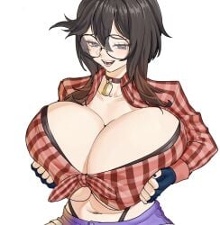 1girls big_breasts blue_eyes breasts breasts_bigger_than_head busty busty_female cow_girl cowbell cowbell_collar cowgirl enormous_breasts female female_focus female_only gigantic_breasts glasses glasses_on_face glasses_on_head huge_breasts humongous_breasts kasizil large_breasts light-skinned_female light_skin looking_at_viewer massive_breasts open_mouth open_smile original original_character playing_with_breasts plump_breasts sloshing_breasts soft_breasts solo solo_female solo_focus tied_shirt